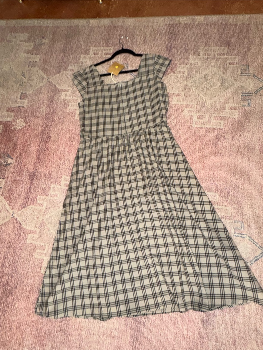 Mata Traders Rupi cement plaid midi dress cap sleeve square neck fit n flare lg - Picture 11 of 11